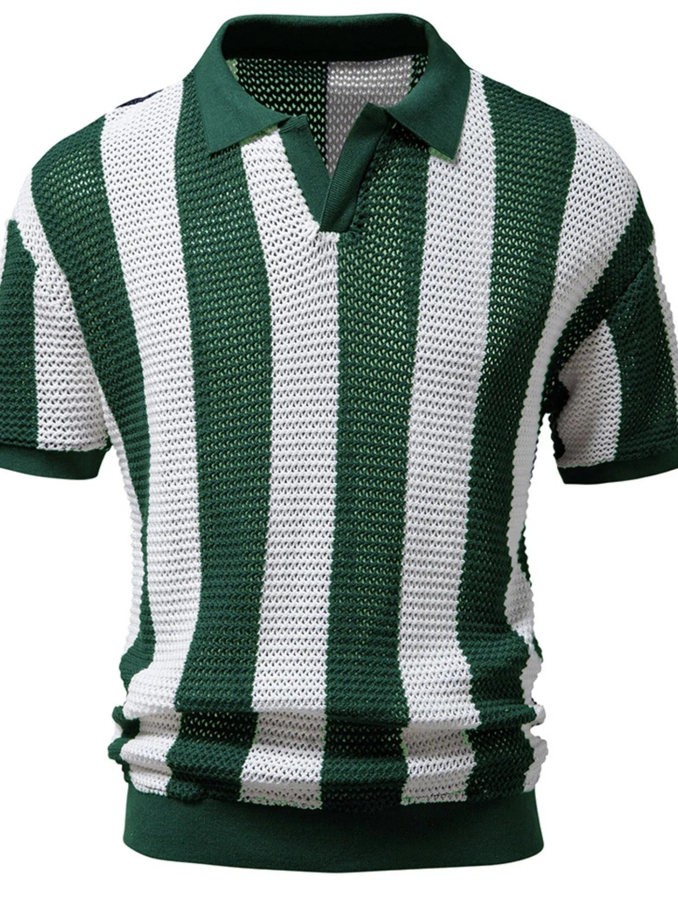 Men's Striped Short Sleeve Knit Polo Dark Green
