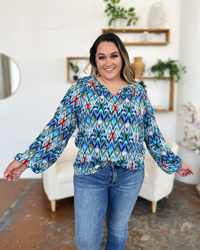 Double Take Full Size Printed Balloon Sleeve Blouse