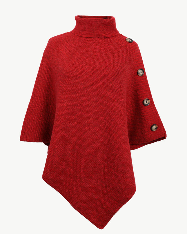 Turtleneck Buttoned Poncho Deep Red One Size