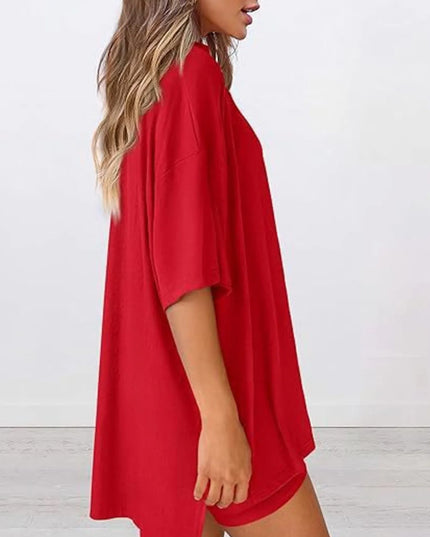 Full Size Oversized Slit Round Neck Top and Shorts Lounge Set Plus Size 