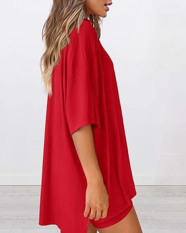 Full Size Oversized Slit Round Neck Top and Shorts Lounge Set Plus Size 