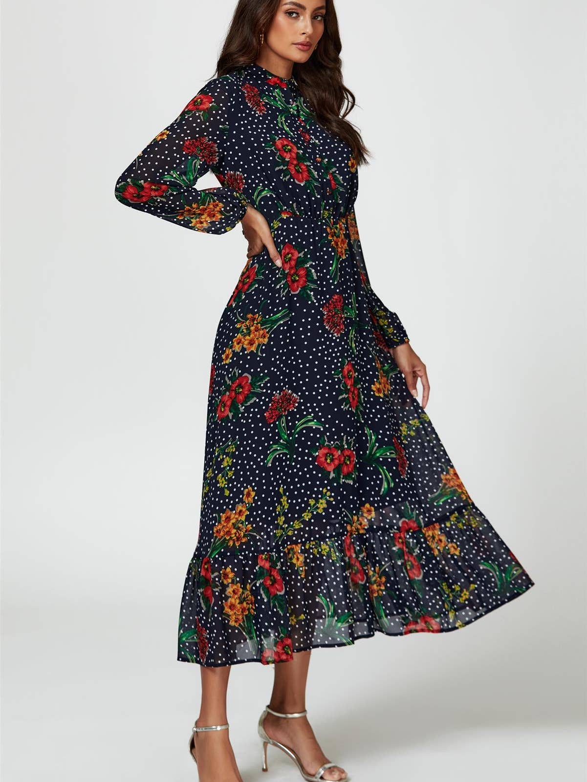 Floral Dot Print Maxi Dress in Navy