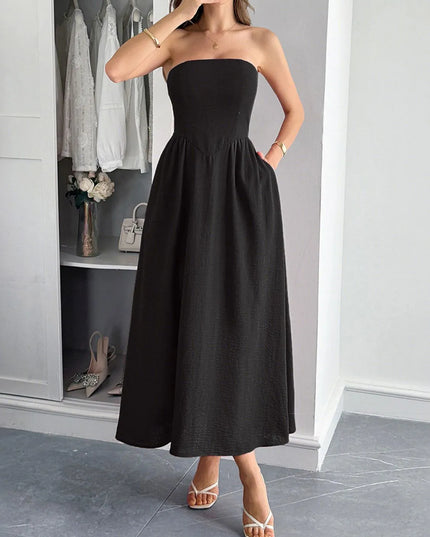Strapless A-Line Midi Dress with Pockets 