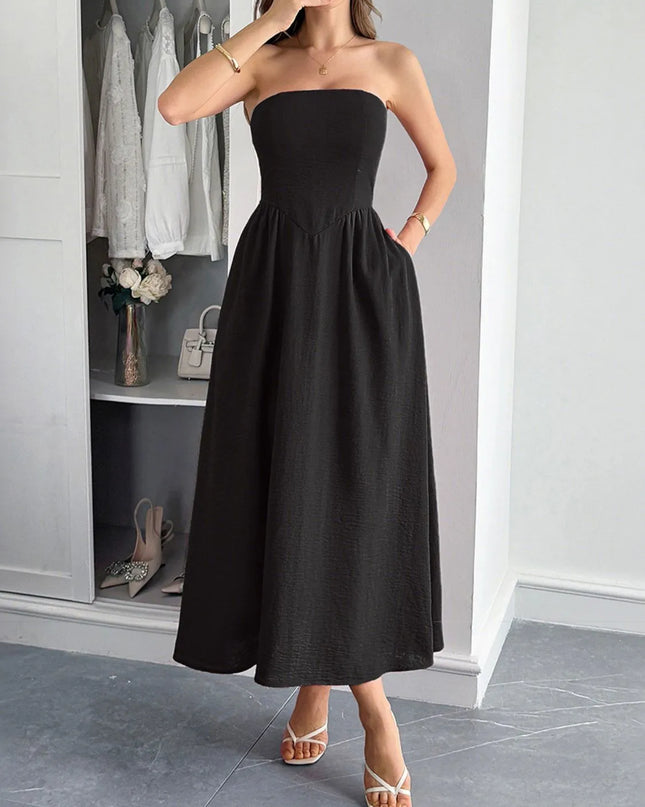Strapless A-Line Midi Dress with Pockets 