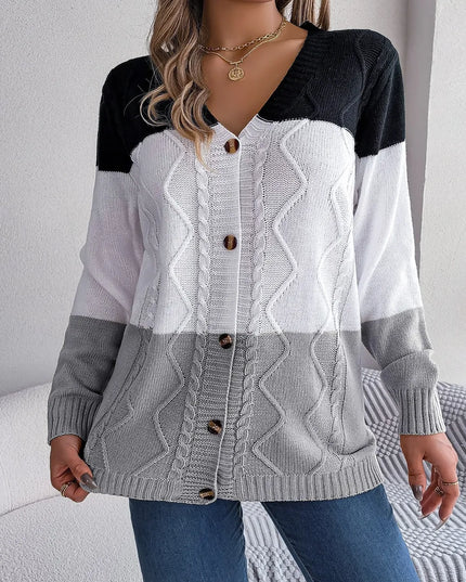 Cable-Knit Striped Button Up Cardigan Charcoal