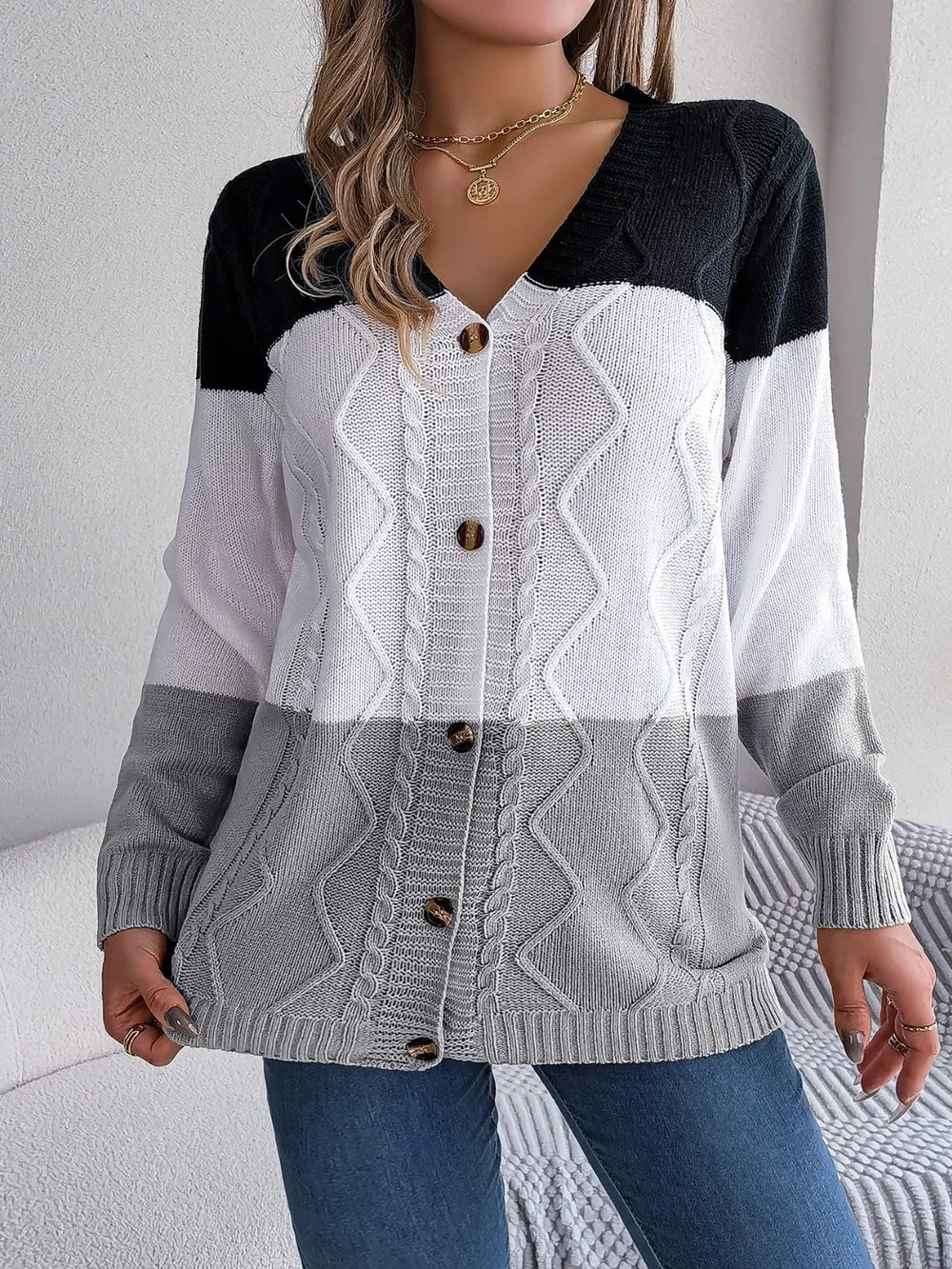 Cable-Knit Striped Button Up Cardigan Charcoal