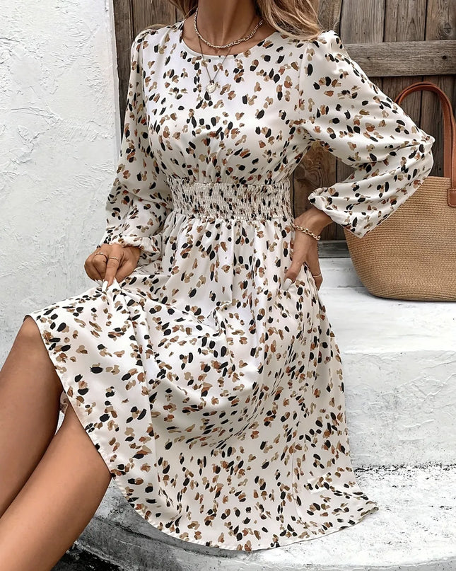 Printed Round Neck Long Sleeve Dress