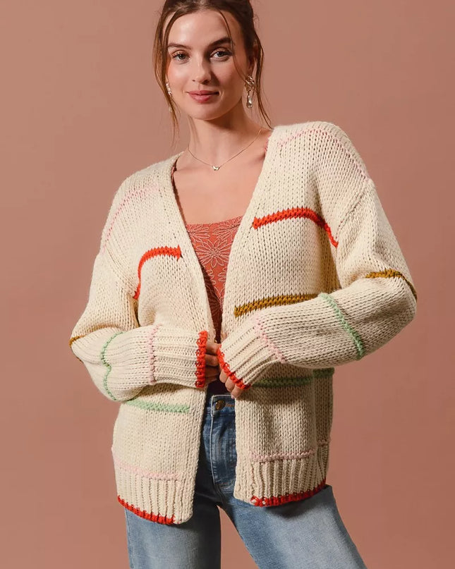 SO ME Loose Fit Multi Stripe Open Front Cardigan