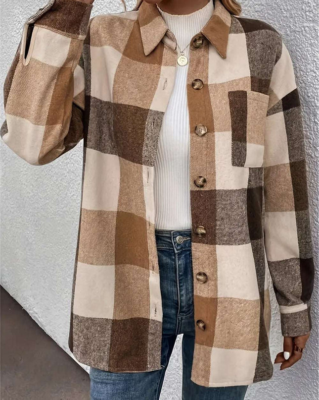 Curved Hem Plaid Collared Neck Shacket