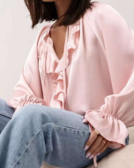 Ruffle Trim Satin Flounce Sleeve Blouse