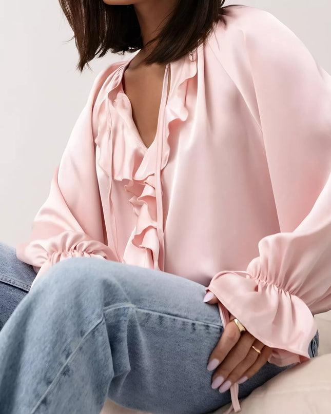 Ruffle Trim Satin Flounce Sleeve Blouse