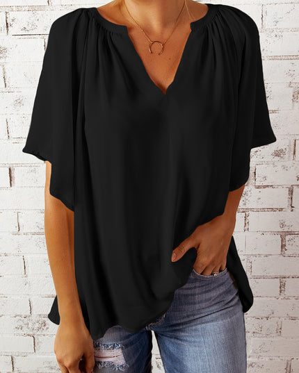 Gathered Detail Notched Neck Flutter Sleeve Top 