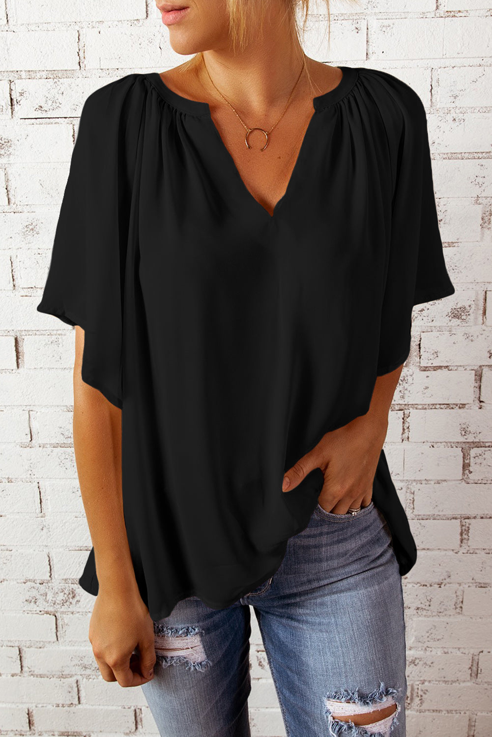 Gathered Detail Notched Neck Flutter Sleeve Top Black