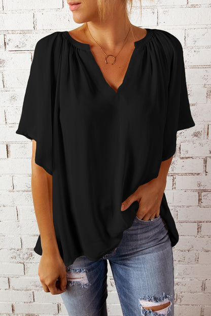 Gathered Detail Notched Neck Flutter Sleeve Top 