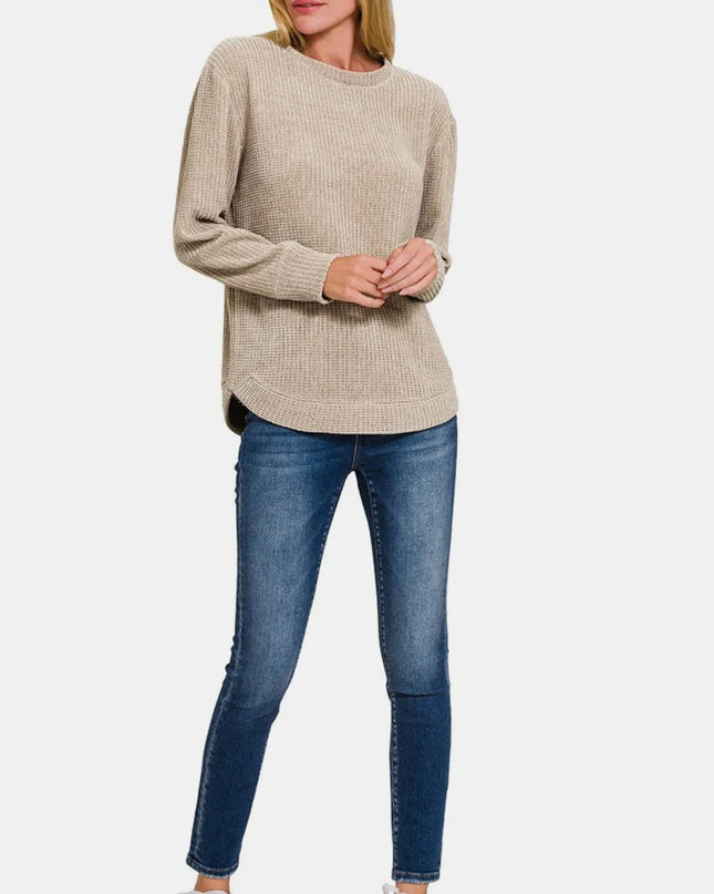 Zenana Chenille Waffle Round Neck Sweater