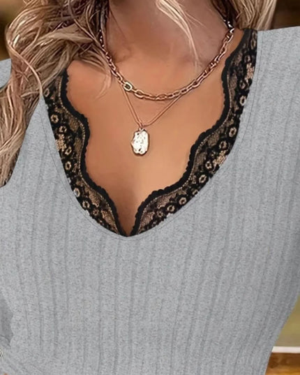 Full Size Ribbed V-Neck Lace Trim Long Sleeve T-Shirt Plus Size