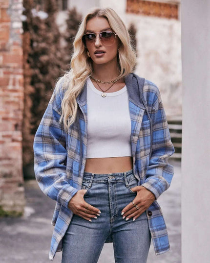Oversized Plaid Button Up Shacket Light Blue