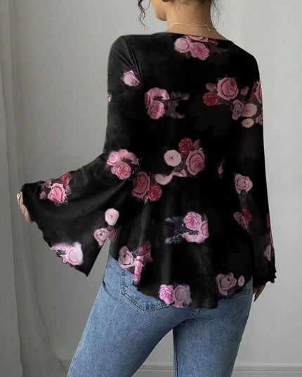 Floral Tie Front Flare Sleeve Blouse