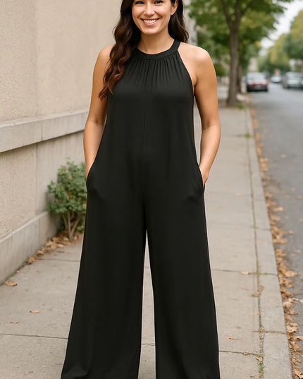Double Take Full Size Tie Back Cutout Sleeveless Jumpsuit Black