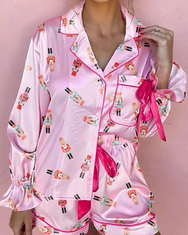 Nutcracker Print Contrast Trim Top and Shorts Pajama Set Pink