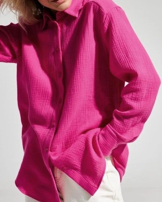 Button Up Long Sleeve Texture Shirt Rose Red