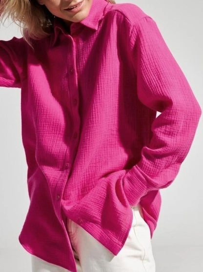 Button Up Long Sleeve Texture Shirt Rose Red