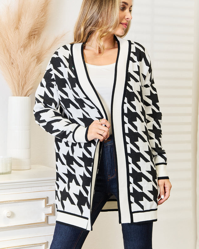 Mandy Woven Right Houndstooth Open Front Longline Cardigan Black
