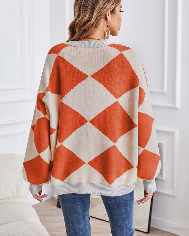 Geometric Lantern Sleeve Cardigan with Pockets