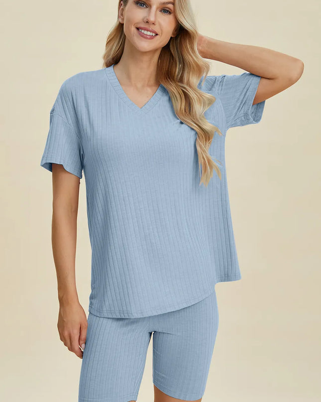 Basic Bae Full Size Ribbed V-Neck Short Sleeve Top and Shorts Set