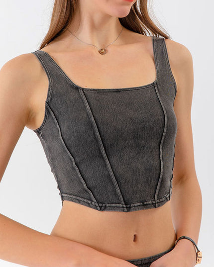 Seam Detail Cropped Denim Tank Dark Gray