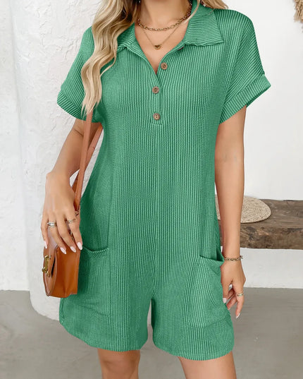 Button Detail Collared Neck Short Sleeve Romper Green