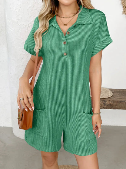 Button Detail Collared Neck Short Sleeve Romper Green