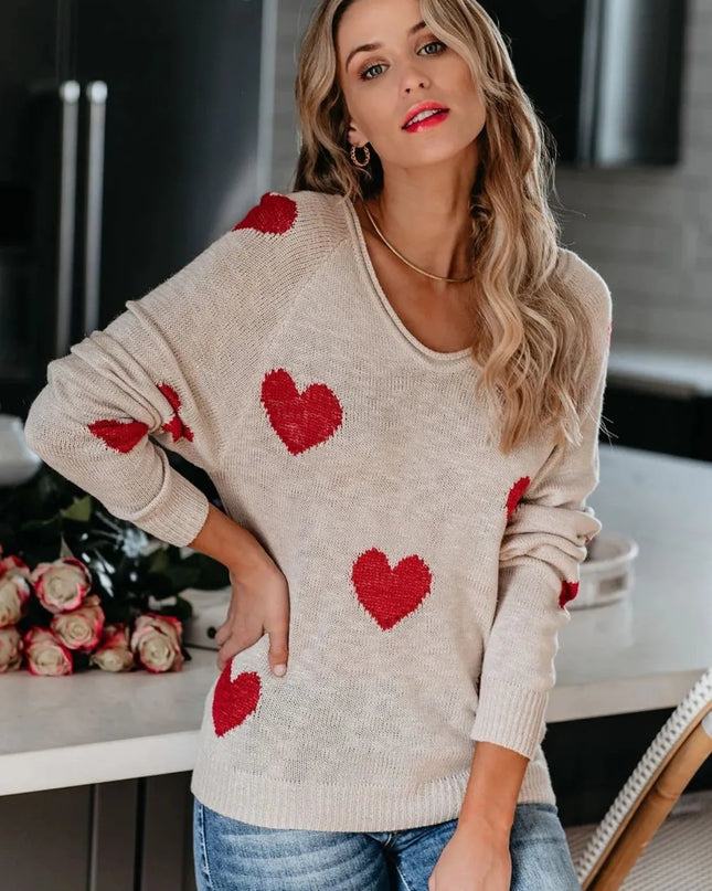 Heart Scoop Neck Long Sleeve Sweater Eggshell