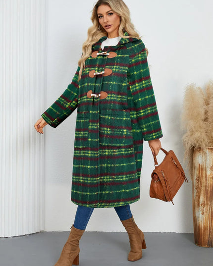 Plaid Long Sleeve Hooded Coat with Pockets