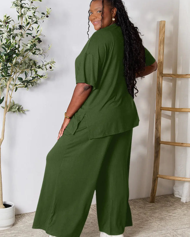 Double Take Full Size Round Neck Slit Top and Pants Set