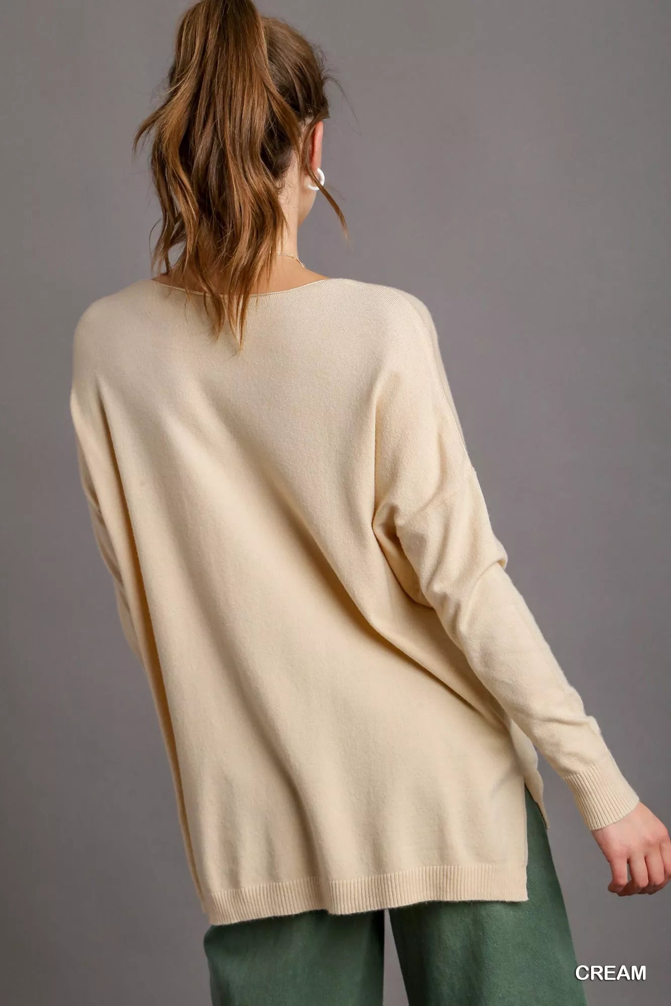 Umgee V-Neck High Low Hem Knit Top with Side Slit