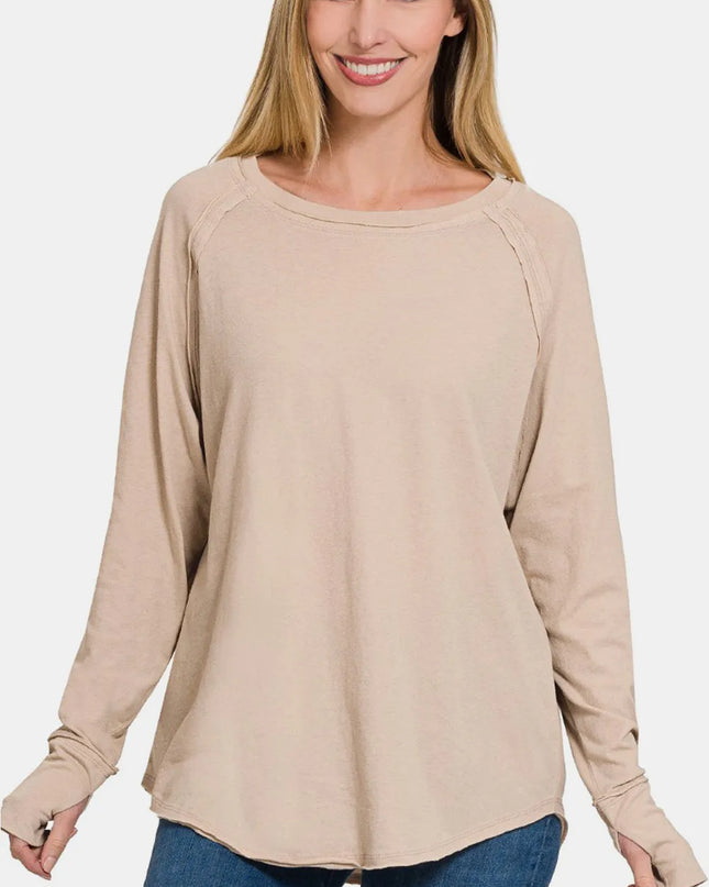 Zenana Round Neck Thumbhole Long Sleeve Top LT MOCHA