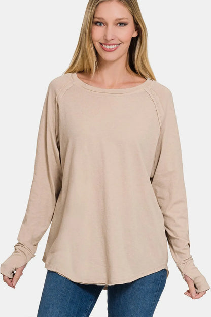 Zenana Round Neck Thumbhole Long Sleeve Top LT MOCHA