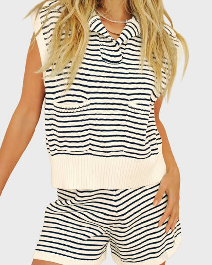 Striped Cap Sleeve Top and Shorts Sweater Set Pastel Yellow