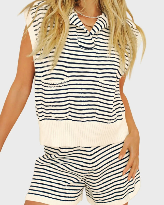 Striped Cap Sleeve Top and Shorts Sweater Set Pastel Yellow