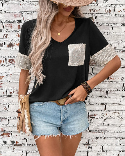 Sequin V-Neck Short Sleeve T-Shirt