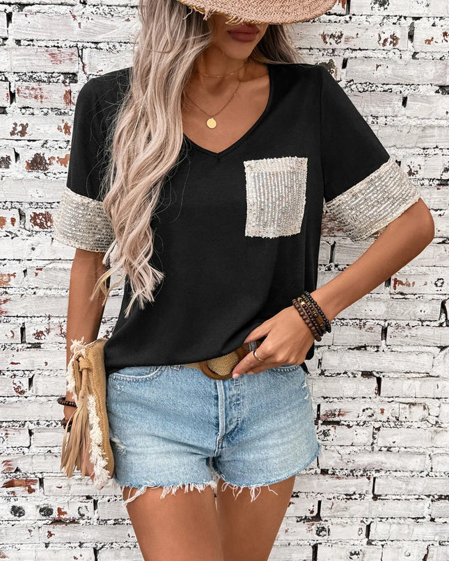 Sequin V-Neck Short Sleeve T-Shirt