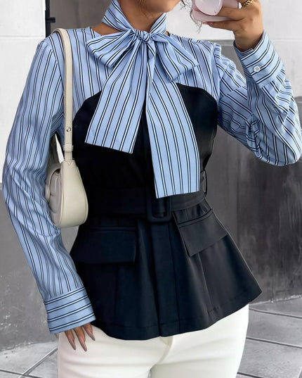 Striped Long Sleeve Blouse with Bow Tie