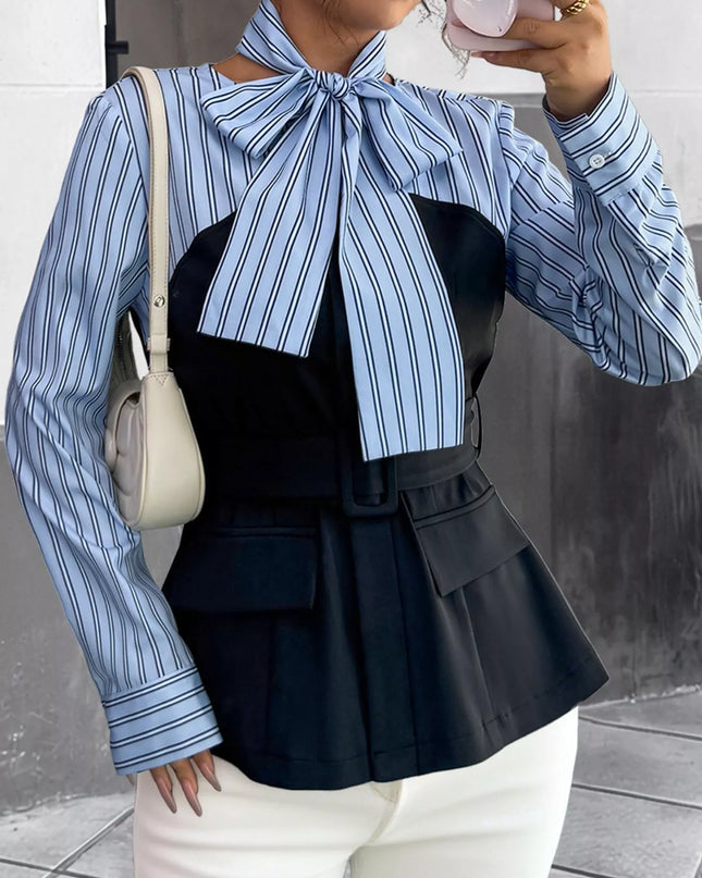 Striped Long Sleeve Blouse with Bow Tie