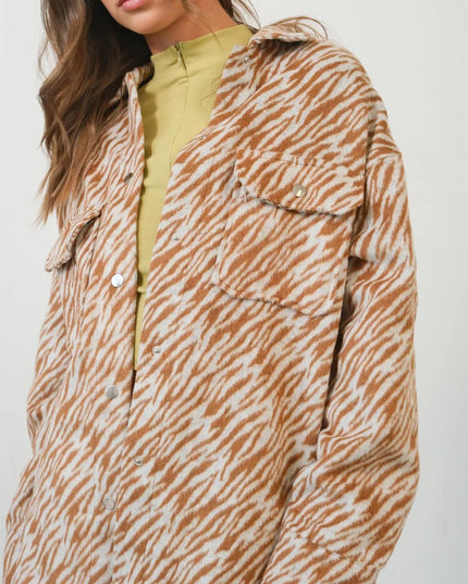 HYFVE Zebra Print Snap Down Long Sleeve Shacket Camel