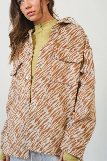 HYFVE Zebra Print Snap Down Long Sleeve Shacket Camel