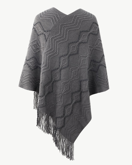 Pearl Trim V-Neck Fringe Hem Poncho