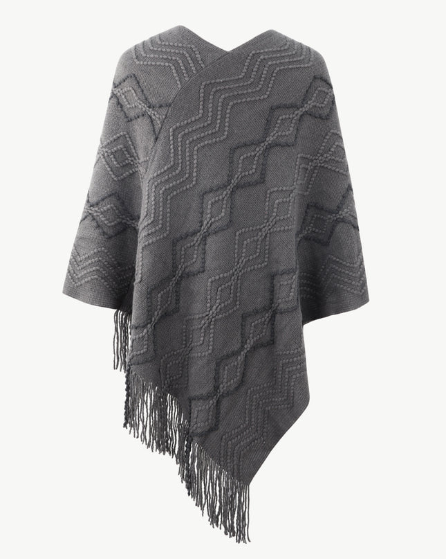 Pearl Trim V-Neck Fringe Hem Poncho