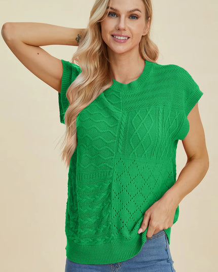 Double Take Full Size Cable-Knit Round Neck Cap Sleeve Sweater