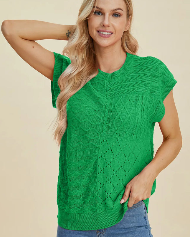 Double Take Full Size Cable-Knit Round Neck Cap Sleeve Sweater